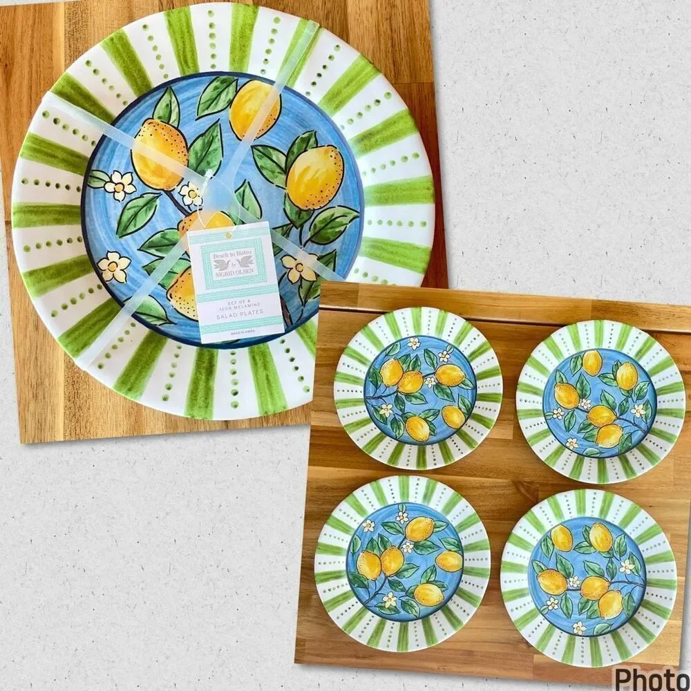 NWT Set of 4 Beach to Bistro 9” SIGRID OLSEN Lemons 100% Melamine Salad Plates
